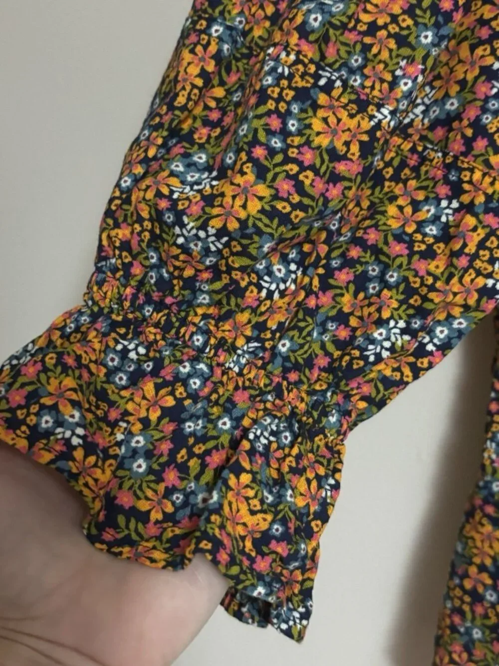 Free People Blouse I Found You Floral Mustard Navy Print w/ Puff Sleeves Medium